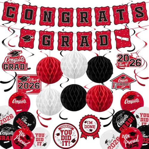 2026 Graduation Party Supplies Kit - Grad Decor Set with Congrats Grad Banner, Class of 2026 Hanging Swirls, Graduation Balloons & Honeycomb Balls - Ideal for High School & College Celebrations(Red)