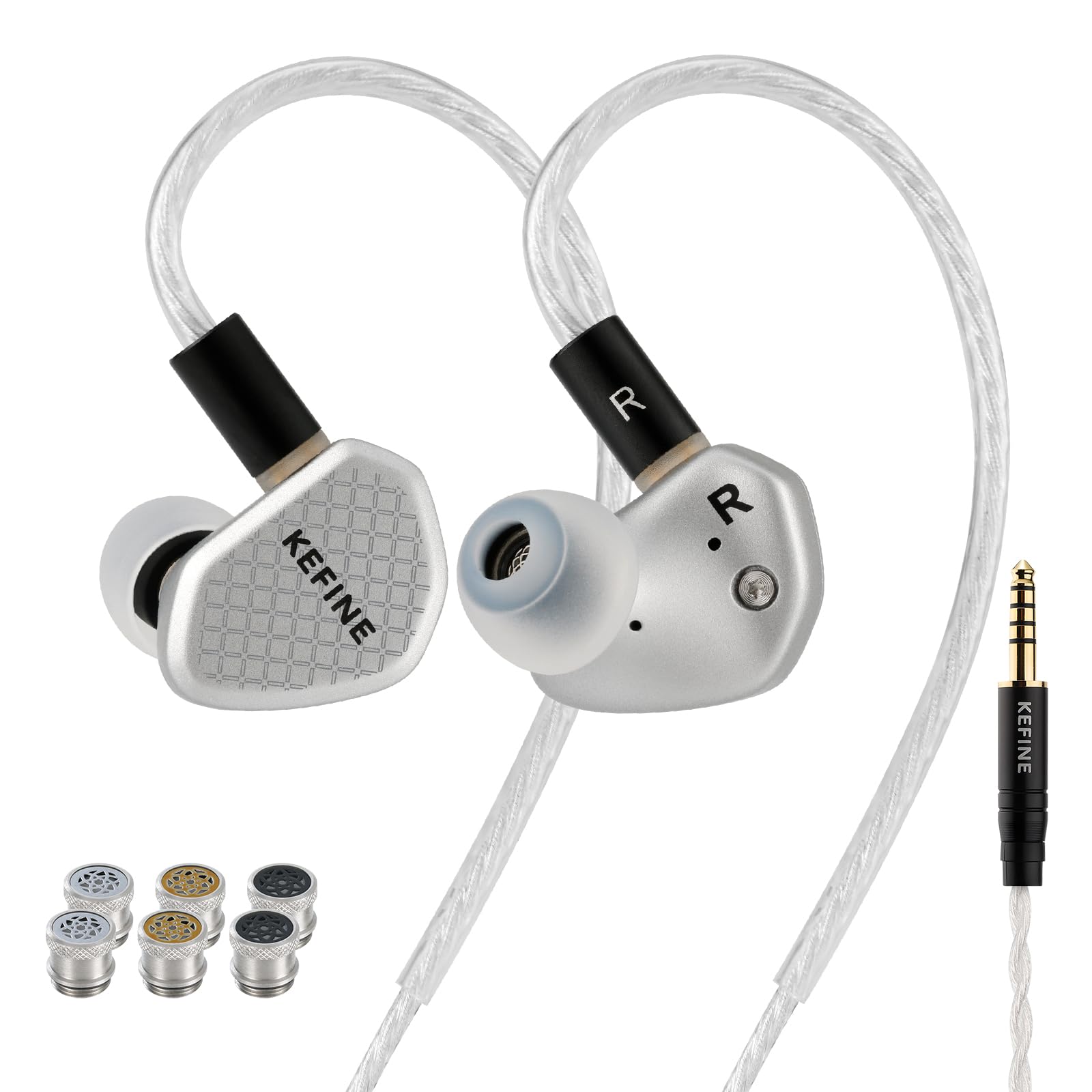 Kefine Klean SV Hi-Fi in Ear Monitor, Wired Gaming Earbuds, 10mm DLC Diaphragm Dynamic Driver, Wired Earphones, Interchangeable Tuning Nozzles, HiFi IEM for Audiophile, Musician&Gaming(Silver, 4.4mm)