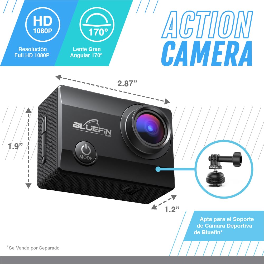 Bluefin C-Scape Cámara Deportiva Sumergible 4k, Foto y Vídeo Full HD, 1080p, Ojo de Pez de 170º, Sumergible hasta 30m, Pantalla LCD, Conexión WiFi, Baterías Recargables, Negro