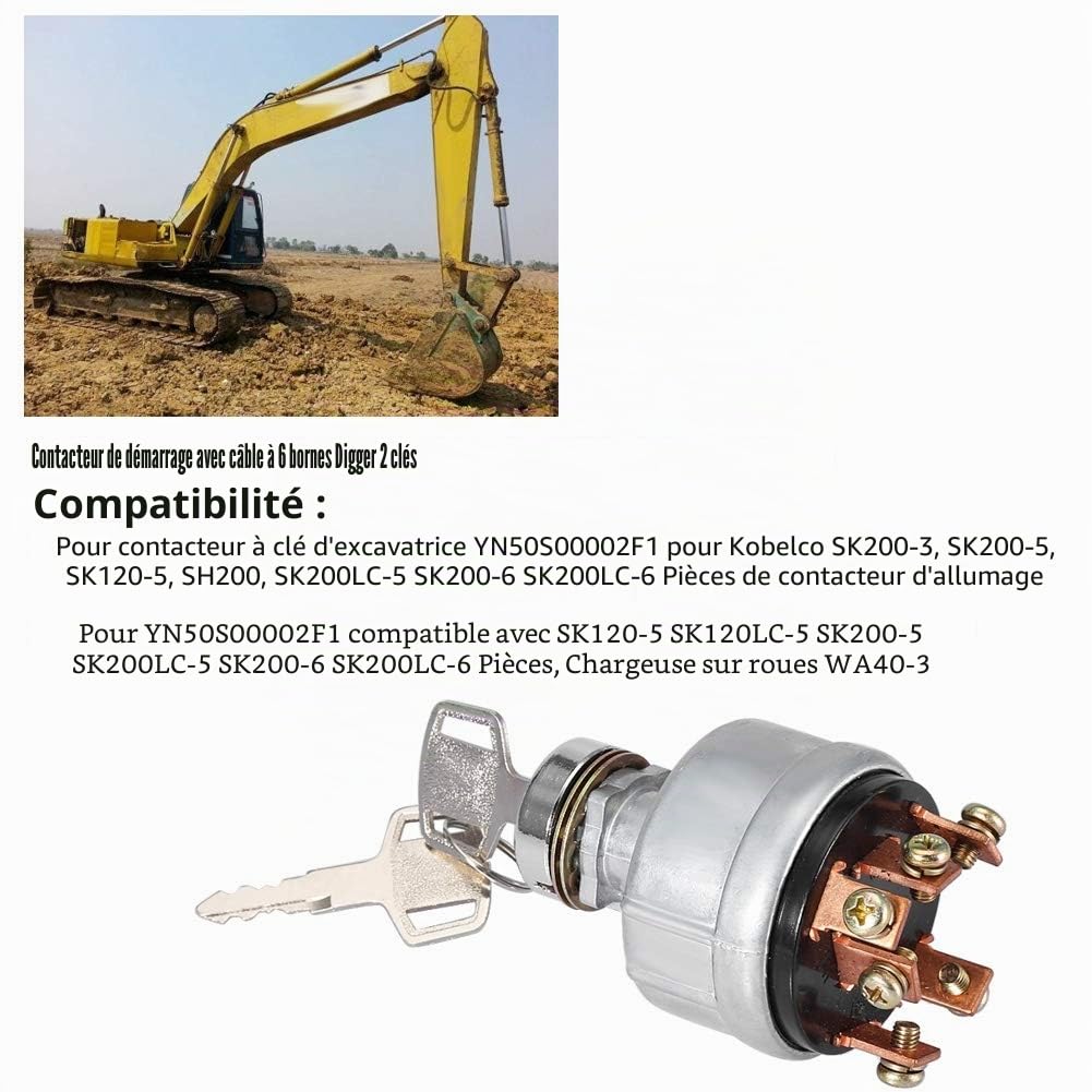 Commutateur de démarreur commutateur de démarreur d'allumage de voiture avec pelle à fil à 6 bornes 2 clés pour SK200 3 SK200 5 SK120 5 ,système d'allumage , Contacteur d'allumage