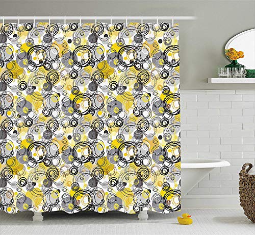 Rideau de Gris et Jaune dessiné à la Main Croquis géométrique rétro Moderne Cercles Image décor des sertie des Longue Moutarde Blanche Cover