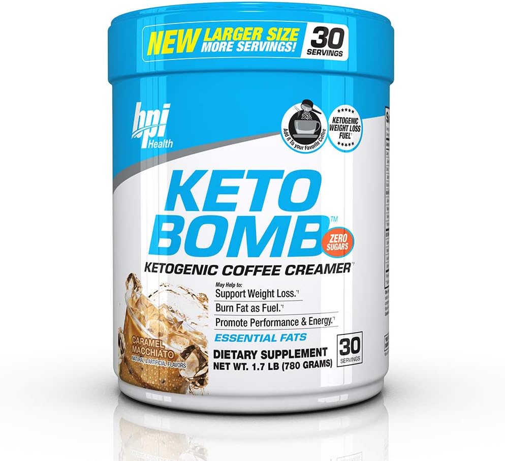 BPI Sports Health Keto Bomb - Ketogenic Coffee Creamer - Amazing Taste - Supports Weight Loss - Essential Fats - Boosts Energy - 0 Sugar - Caramel Macchiato - 30 Servings - Larger Size- Save More