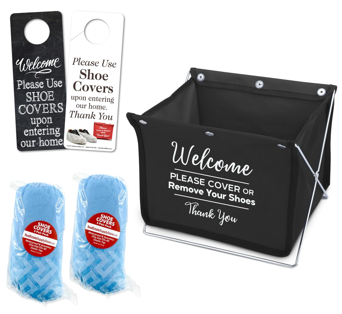 Foldable Fabric Storage Box for Disposable Shoe Covers or Booties (Includes 10 Pairs of Shoe Covers)! Great for Realtor Listings and Open Houses. Ideal for Realtors, Contractors, Painters! (Black)