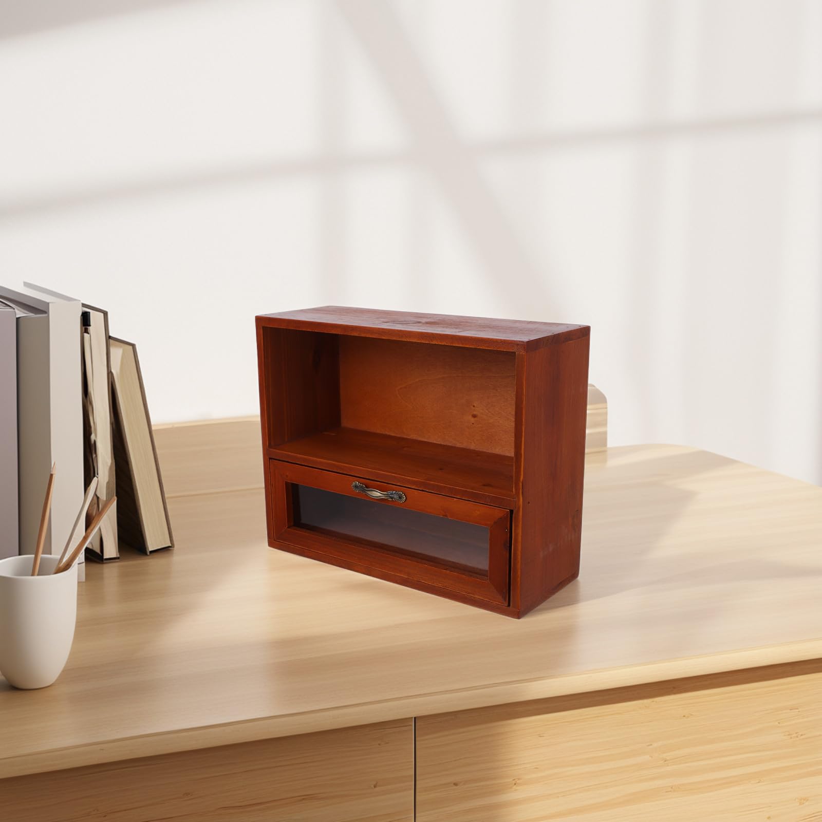 SHINEOFI Freistehende Holz Aufbewahrungsbox Vintage mit Schublade Kosmetik und Teebecher Organizer für Küche und Badezimmer Retro Aufbewahrungskorb mit Regal