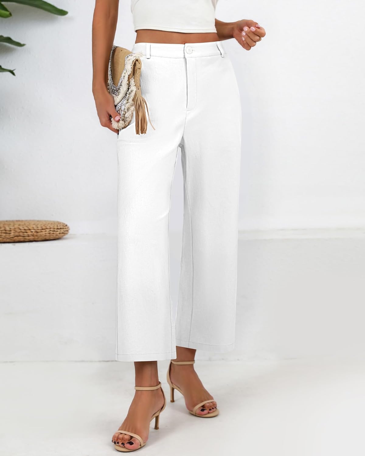 Neer Women's Cotton Linen Palazzo Pants, Casual Wide Leg Lounge Pants Summer High Waisted Flowy Trousers with Pockets - Image 6