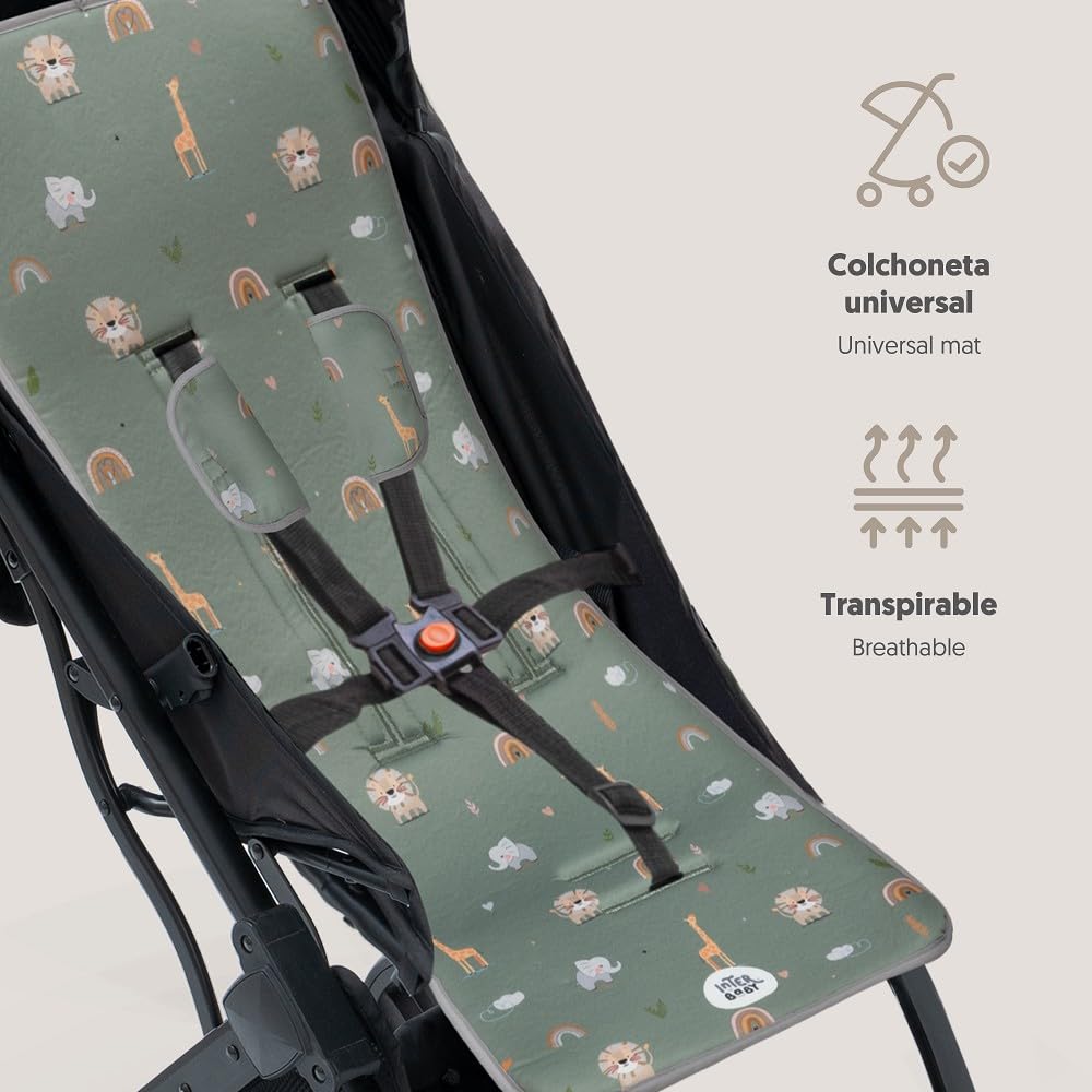 Interbaby Materassino per passeggino universale per estate | Safari verde | traspirante e confortevole | copertura per passeggino 100% cotone, 84 x 34 cm, protezioni per imbracatura