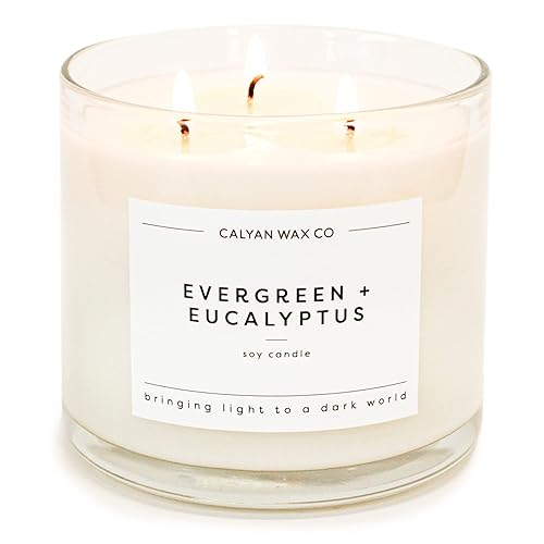 Calyan Wax Soy Wax Candle, Evergreen Eucalyptus, 3 Wick Scented Candle for The Home | Premium Candles with Essential Oils | 14.9 oz Soy Wax, 43 Hour Burn Time, Large Candles in Glass Jar - 3 Wick Evergreen / Eucalyptus