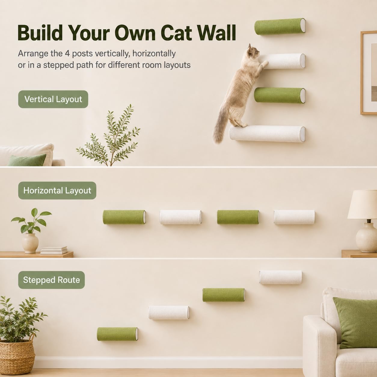 Selbstklebende Katzen-Kletterstangen für Wand, 4er-Pack，Grau