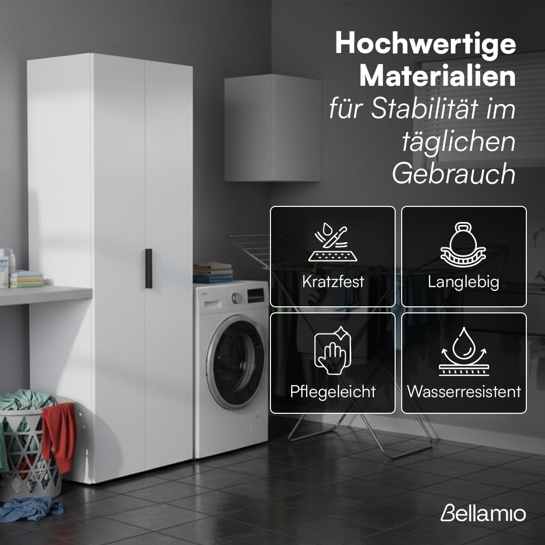 Bellamio Lurio Mehrzweckschrank – weißer Besenschrank aus Holz mit schwarzem Griff – Flurschrank mit 5 Fächern inkl. Staubsaugerfach – Haushaltsschrank – Vorratsschrank – Putzschrank 176 x 33 x 60  cm