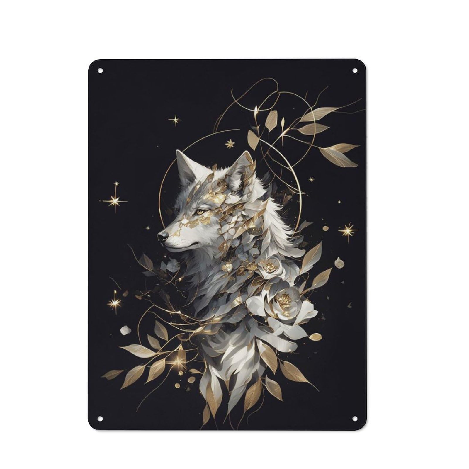 Junmoney Style-17 Retro Metal Wall Sign 40X30cm Featuring Kintsugi Art White Wolf For Pub Or Café, For Garage, Workshop And Man Cave Decoration