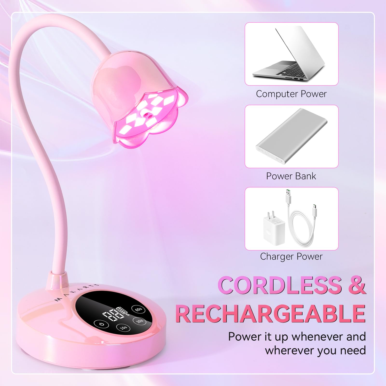 Makartt Cherie - Lámpara UV para uñas de gel, inalámbrico, USB, 30 W, con cuello de cisne, 4 temporizadores y sensor automático, secado rápido profesional para esmalte de uñas en gel