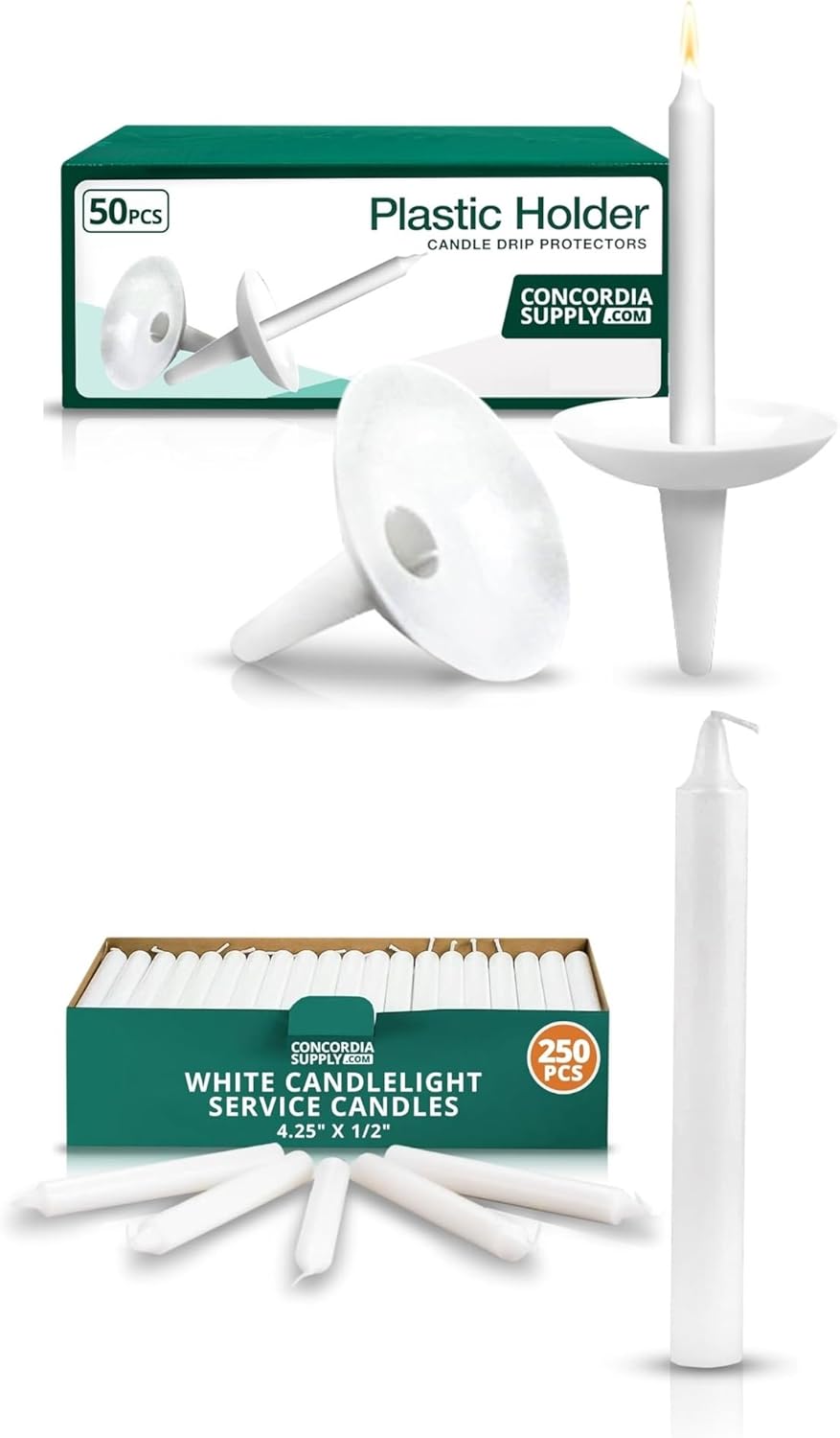 Concordia Supply 4.25" x 1/2" Church Candles & 50 Pcs Reusable Plastic Candle Holders for Candlelight Service Vigil - White Candles for Memorial, Communion, Baptism & Christmas Ceremonies - Box of 250