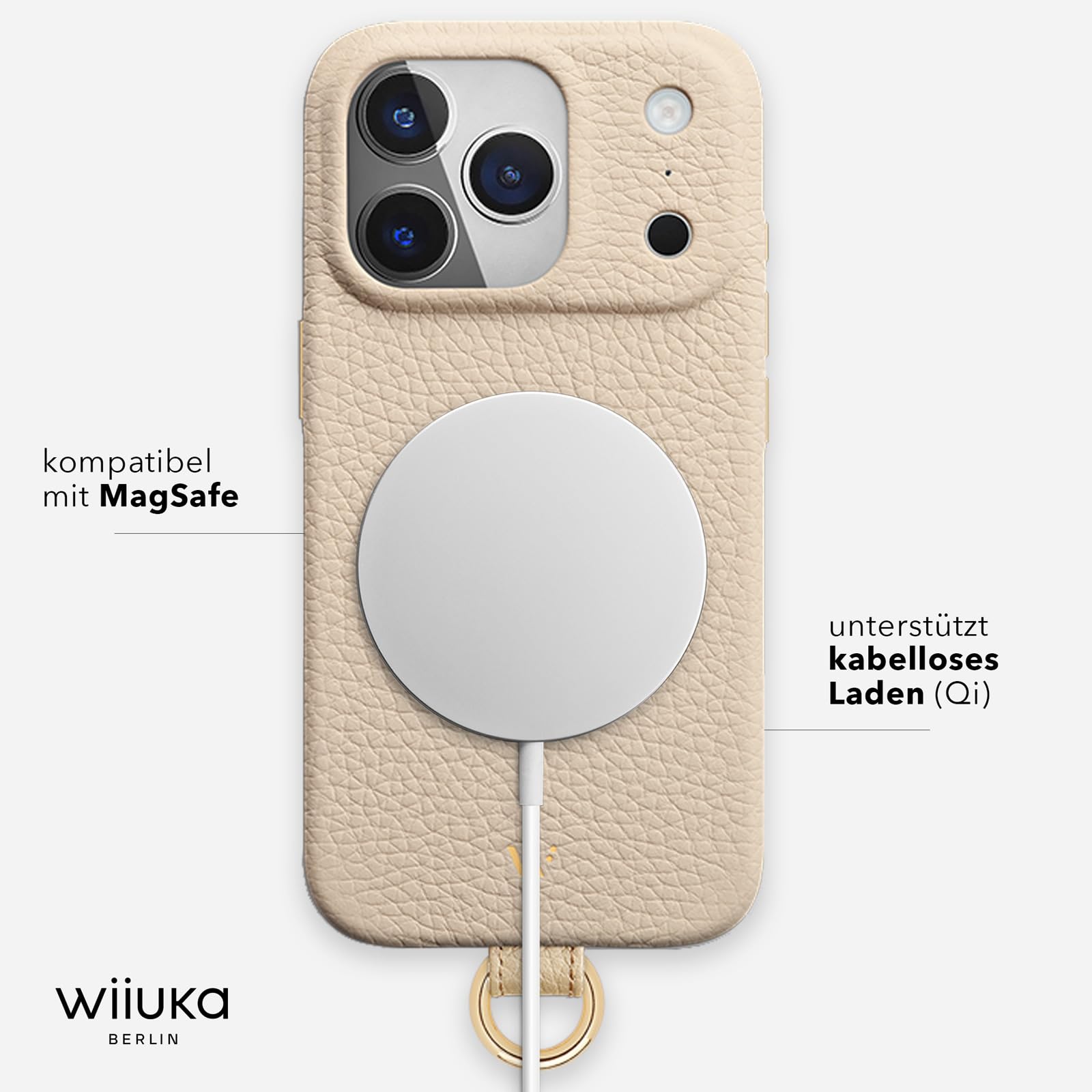 WIIUKA Custodia per iPhone 17 Pro Max, in pelle dalla Germania, in pelle per cellulare, custodia di alta qualità, con catena a tracolla, anello per sci, beige crema