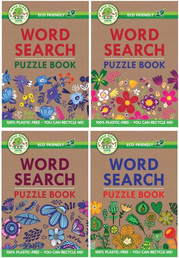 Set of 4 Word Search Puzzle Books for Adults – Standard Print – Eco Friendly Recycled Paper – 136 Brain Training Puzzles per Book