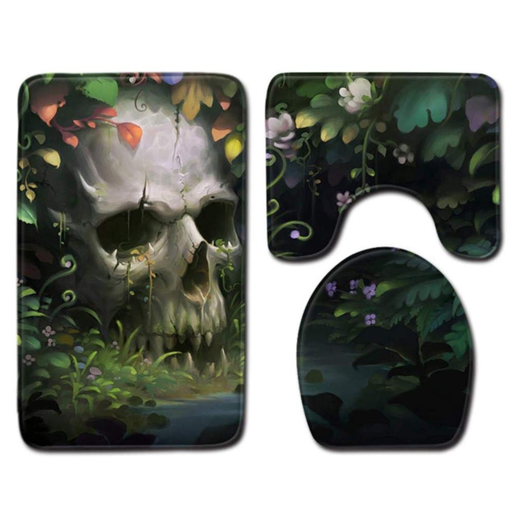 Tapis de bain flanelle anti-glissement 3 pièces motif skull rose 3D