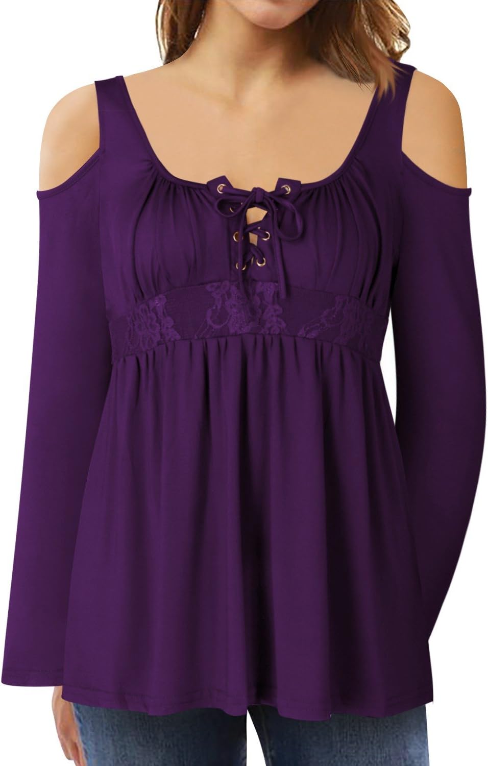 Lanisen Women Cold Shoulder Lace Up Blouses Hollow Out Long Sleeve Tunic Tops Purple M