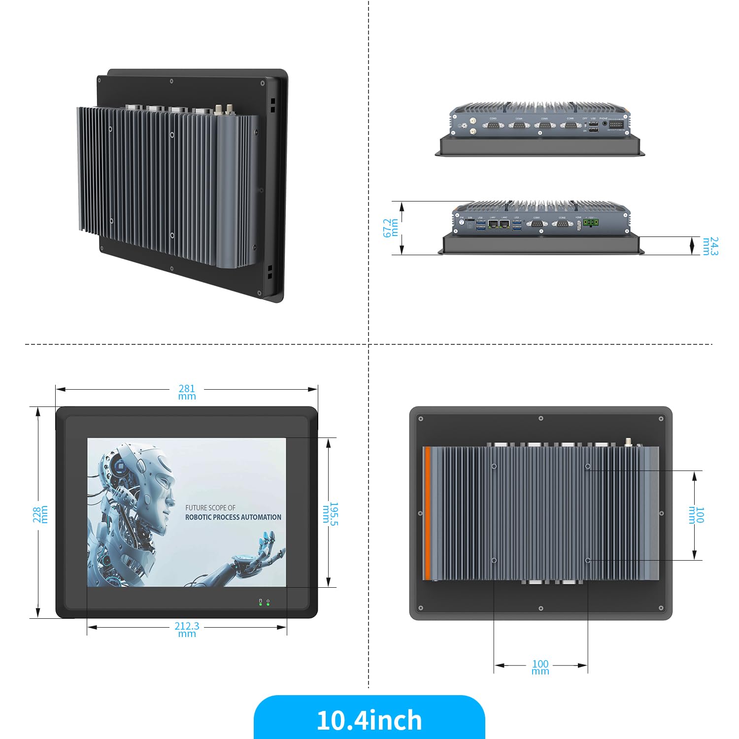 10.4" Panel PC industriale senza ventola, computer con pannello touch screen Windows 10, avvio automatico all'accensione, 2xLAN, HDMI, 6xUSB, 2xRS485, 4xRS232, 8*GPIO (I3-7100U 16 GB+1 TB)