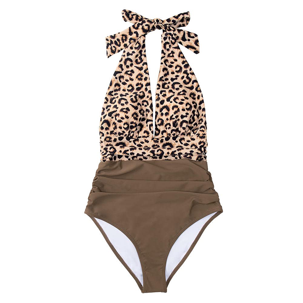 Traje de baño for Mujer Azul Marino Floral Escote en V Profundo Halter Traje de baño de una Pieza Traje de baño Sexy sin Espalda con Cordones Trajes de baño de Playa for Mujer Traje de baño