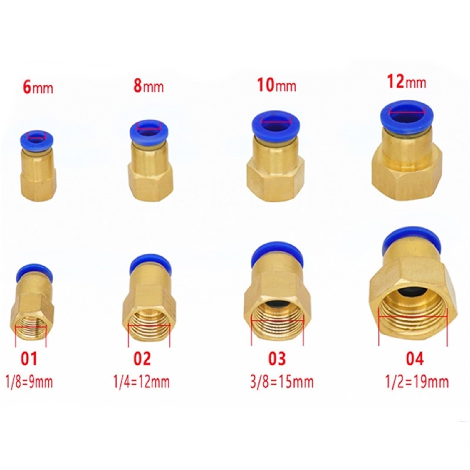 Szybkozłącze pneumatyczne do węża 4, 6, 8, 10, 12 mm, gwint wewnętrzny 1/8", 3/8", 1/2", 1/4", mosiądz, 1 sztuka (8-04,10 szt.)