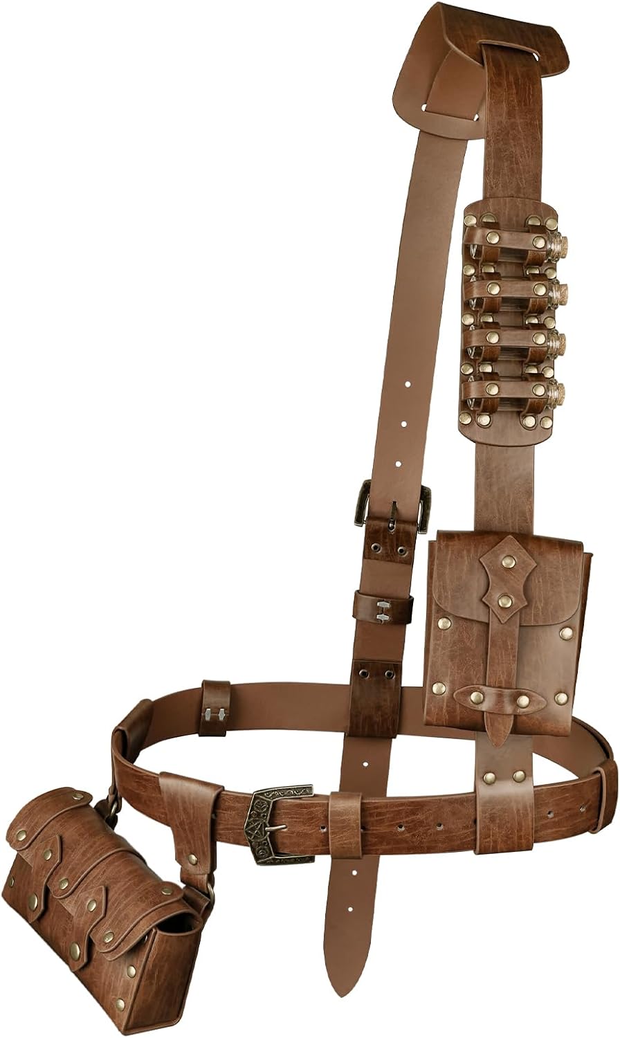 HiiFeuer 7 PCs Medieval Baldric Tactical Belt Accessories Renaissance Faux Leather Belt Bag Alchemy Bottle Holder for Cosplay