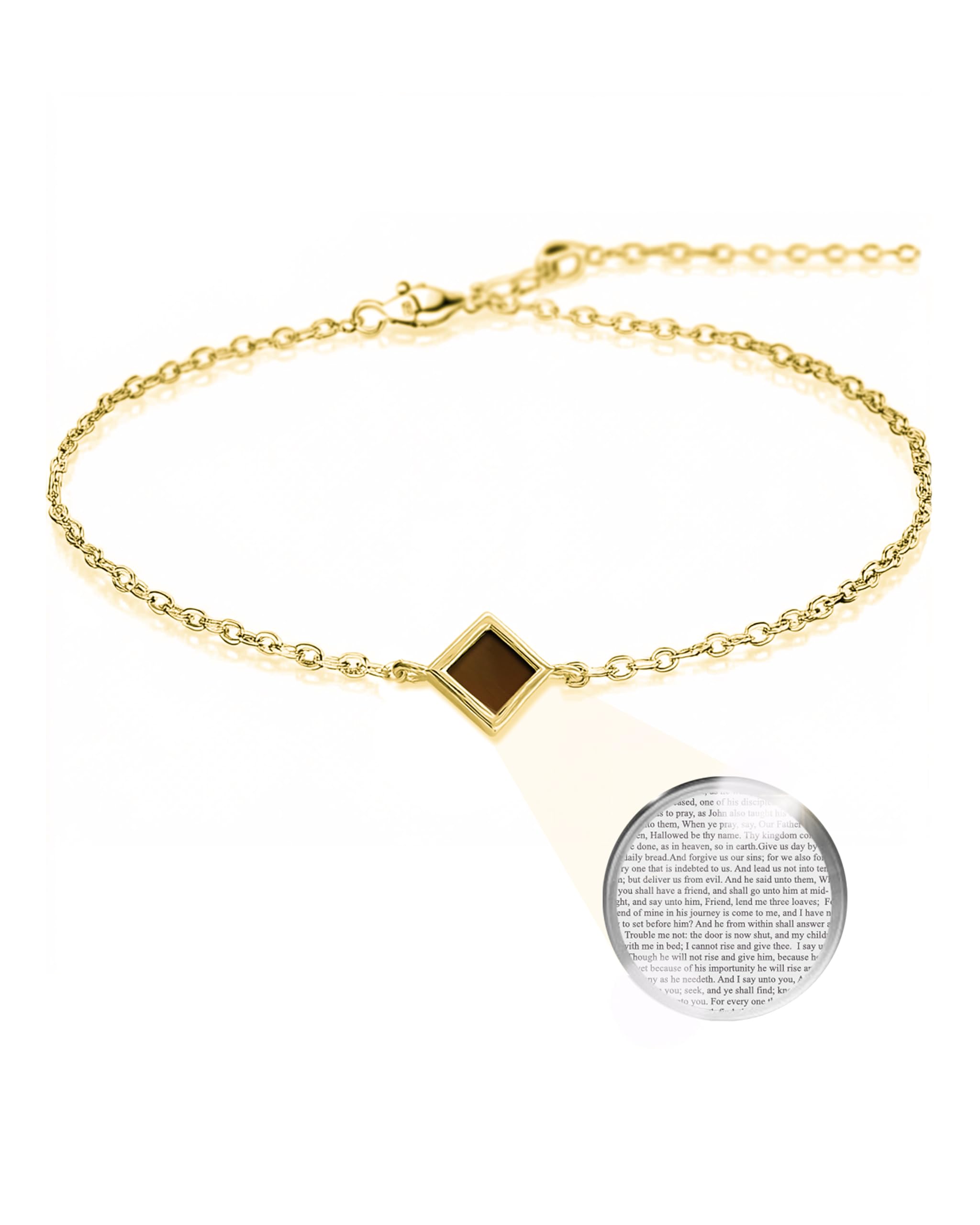 Smallest Nano Bible Christian Charm Bracelet - Tiny Square Rhombus for Women with Entire KJV New Testament Holy Scriptures on 0.2" Microchip, Religious Jewelry for Her, 6.5+2" Extension