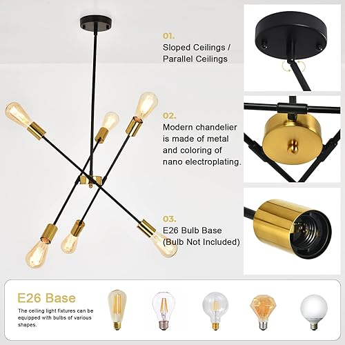 Miniatura 4 de Candelabro Sputnik moderno de mediados de siglo, 6 luces, candelabro negro y latón, lámpara colgante contemporánea para sala de estar, comedor,