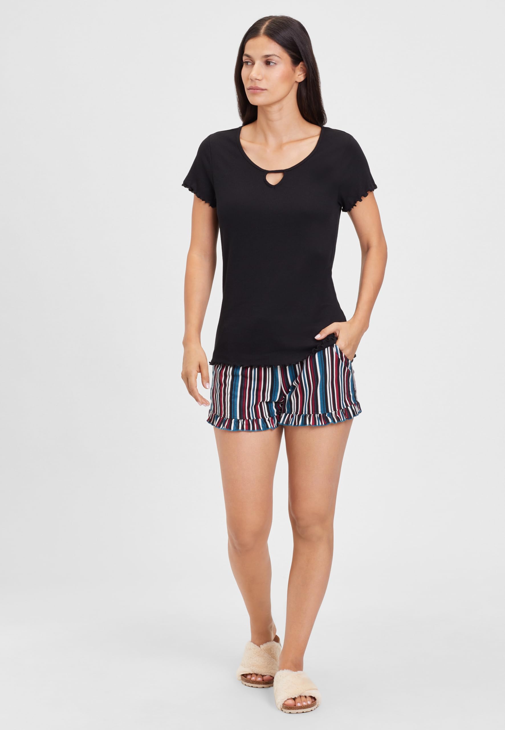 s.Oliver Damen Pyjamaoberteil kurzärmelig, gekräuselt, Cutout, Rippoptik
