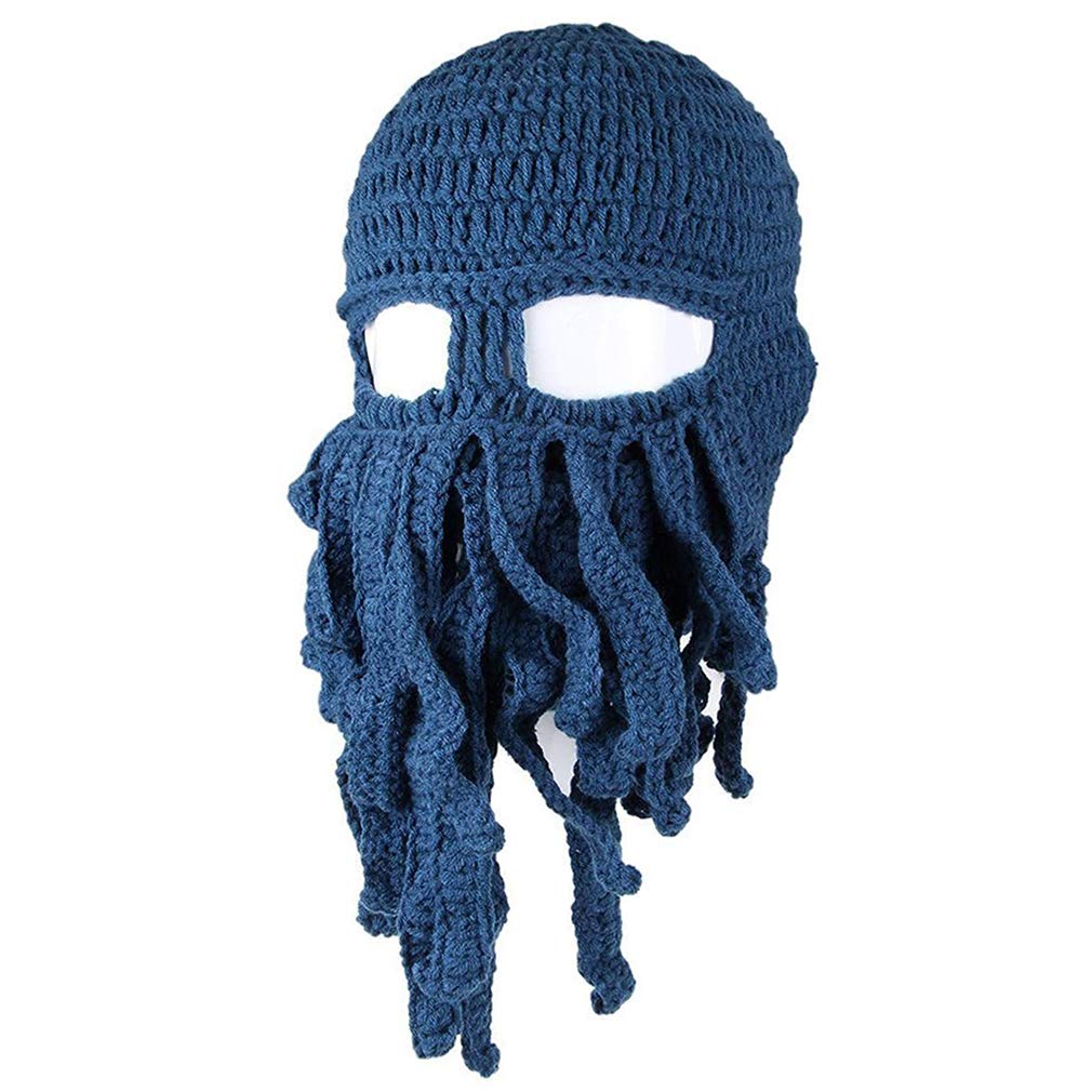 Fituenly Dark Blue Winter Warm Funny Tentacle Octopus Knitted Beanie Hat Handmade Windproof Ski Mask