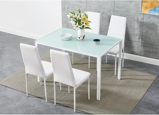 Panana 5Pcs Modern Dining Room Set Glass Dining Table and 4 Faux Leather Chairs Home Kitchen Furniture Set (White, 105cm Table and 4 chairs)