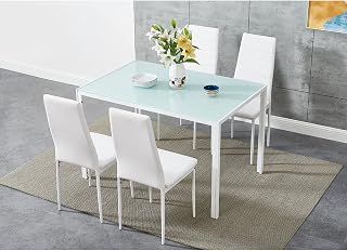 Panana 5Pcs Modern Dining Room Set Glass Dining Table and 4 Faux Leather Chairs Home Kitchen Furniture Set (White, 105cm Table and 4 chairs)