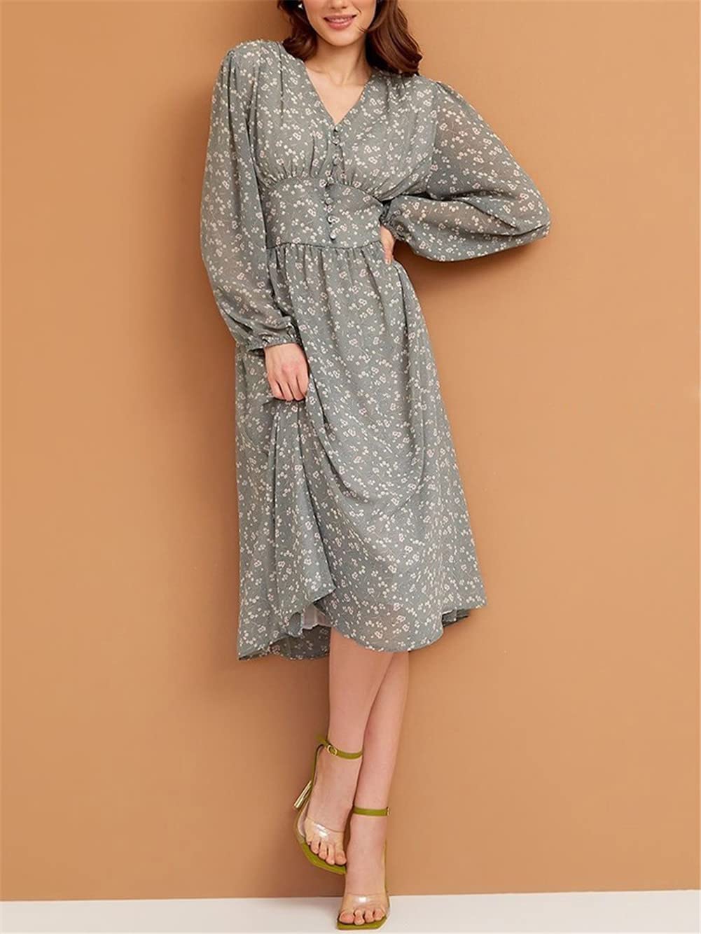 Vestido midi de manga larga con cuello en V y estampado floral para mujer, estilo francés, cintura imperio
