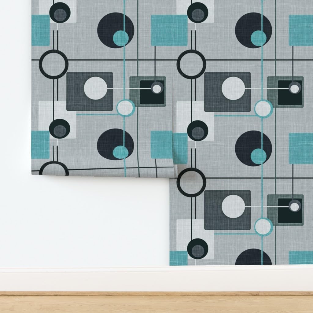 Removable Wallpaper 6ft x 2ft - Orbs Squares Grey Aqua Black White Vintage Blue Retro Circles Custom Pre-Pasted Wallpaper by Spoonflower