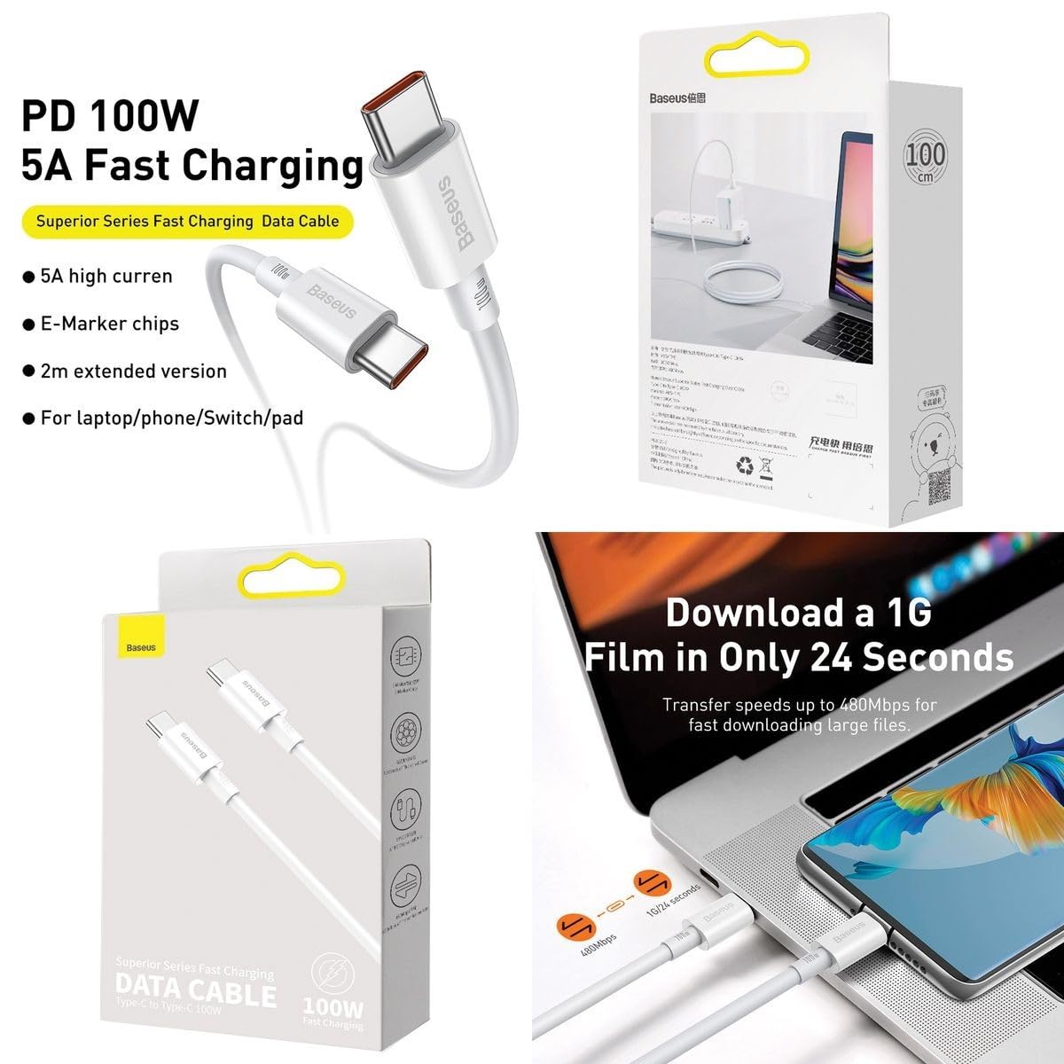 Baseus Superior USB Type C - USB Type C kabel Rychlé nabíjení / Power Delivery / FCP 100W 5A 20V 1m bílý (CATYS-B02) - Hi-Shop