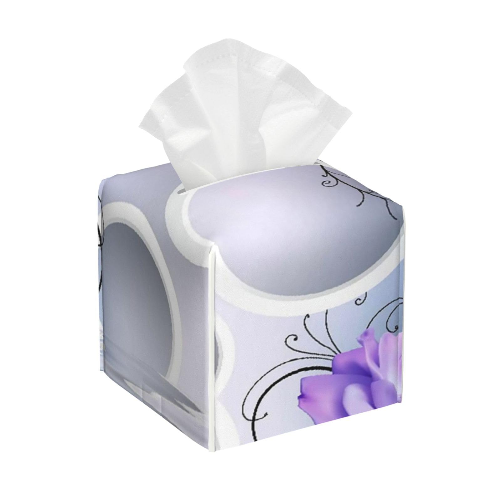 3D Illustion Light Background White Rings Purple Flowers PVC Cube Tissue Pack for Home Office Bathroom Use