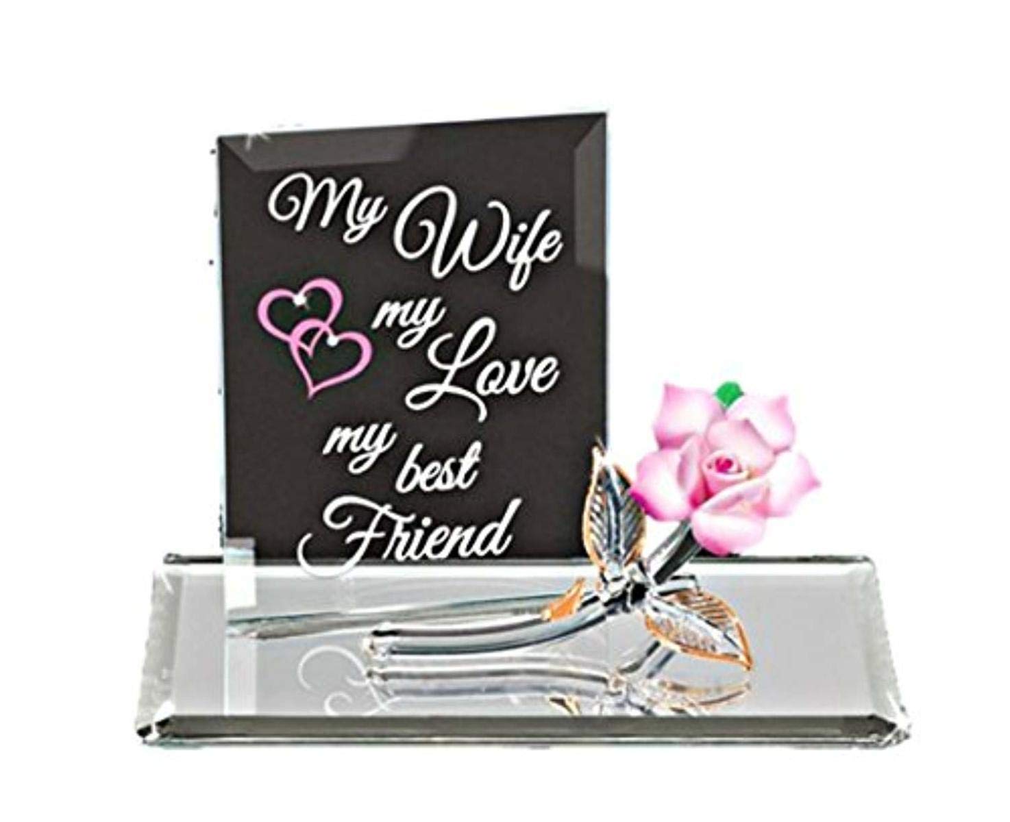 Figurine de fleur rose Glass Baron avec message d'amour, le cadeau d'anniversaire pour elle