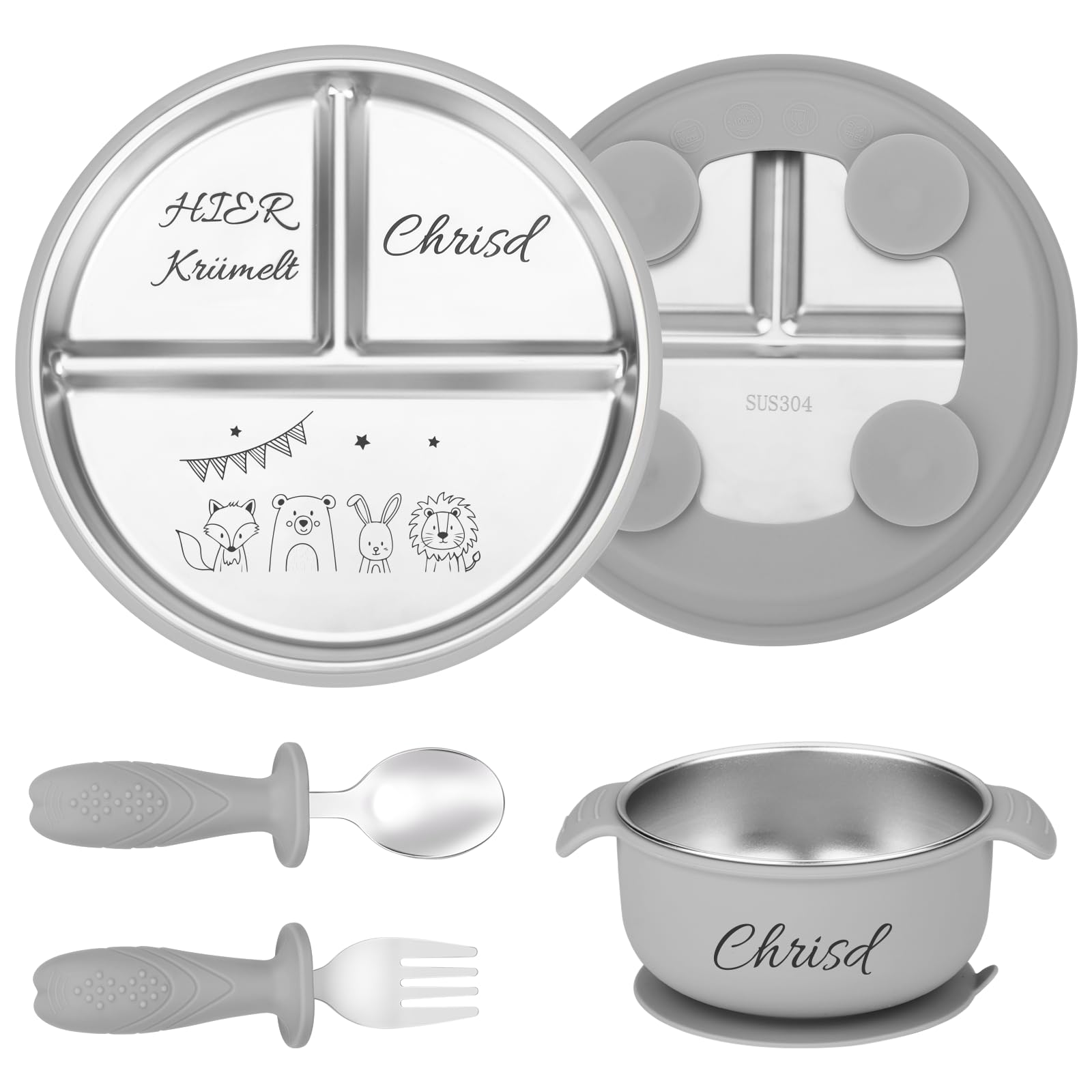 NGTSFLY Personalisiertes Baby Geschirrset mit Tiermotiven Namen, Baby Geschenk Junge Personalisiert, Kinderbesteck mit Edelstahl Teller Saugnapf Schüssel Gabel und Löffel Persönliche (Grau)