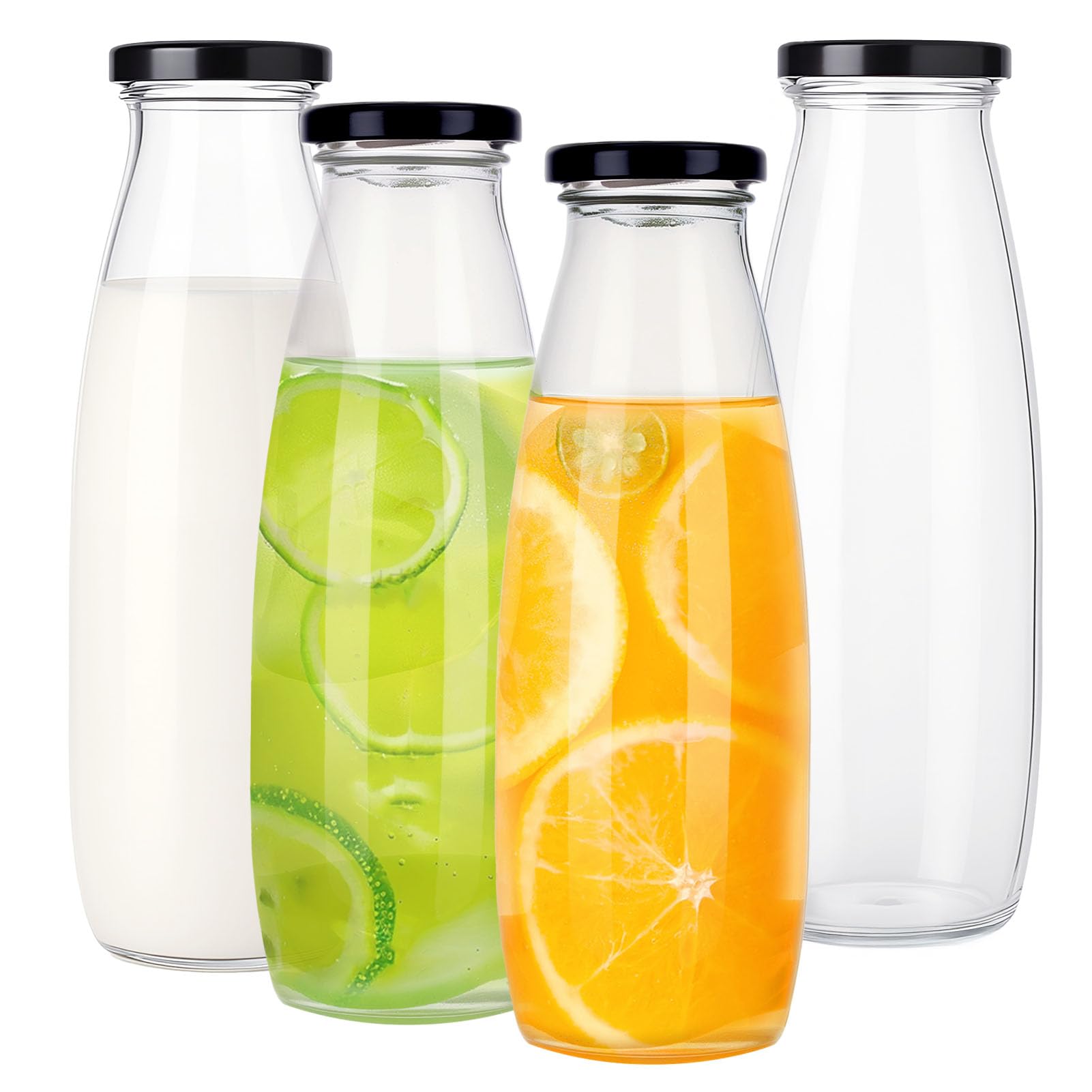 saerryor 4 Pcs 500ml Glass Milk Bottles with Lids, Glass Bottles Reusable Milk Containers for Juice,Sauces,Beverages,Hot Cold Drinks