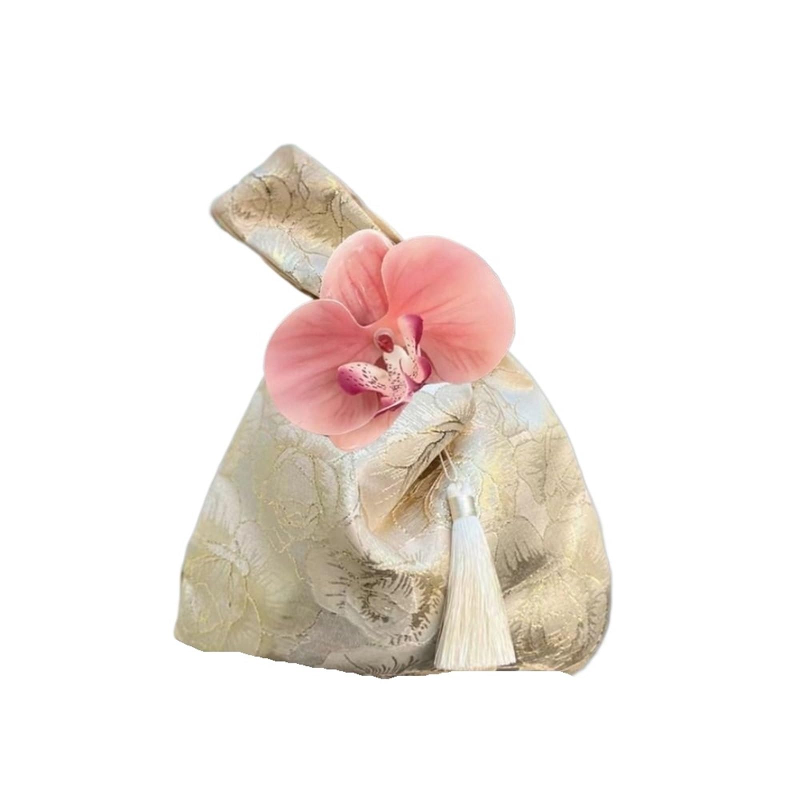 Wekonumex Champagne Japanese Knot Wrist Bag, Tassel Small Item Pouch Cheongsam Accessories For Party, Wedding, Travel(,Tassel)