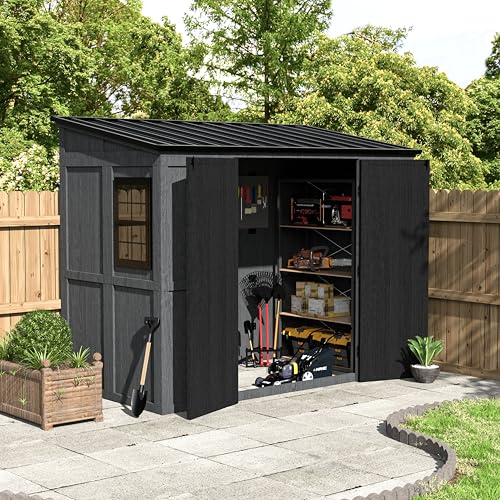 Yardenaler 4x8 FT Cedar Wood Outdoor Storage Shed, Garden Tool Shed Kit with Waterproof Metal Slopping Roof, Lockable Doors for Patio Utility Tools Bicycles Storage for Garden, Patio, Backyard