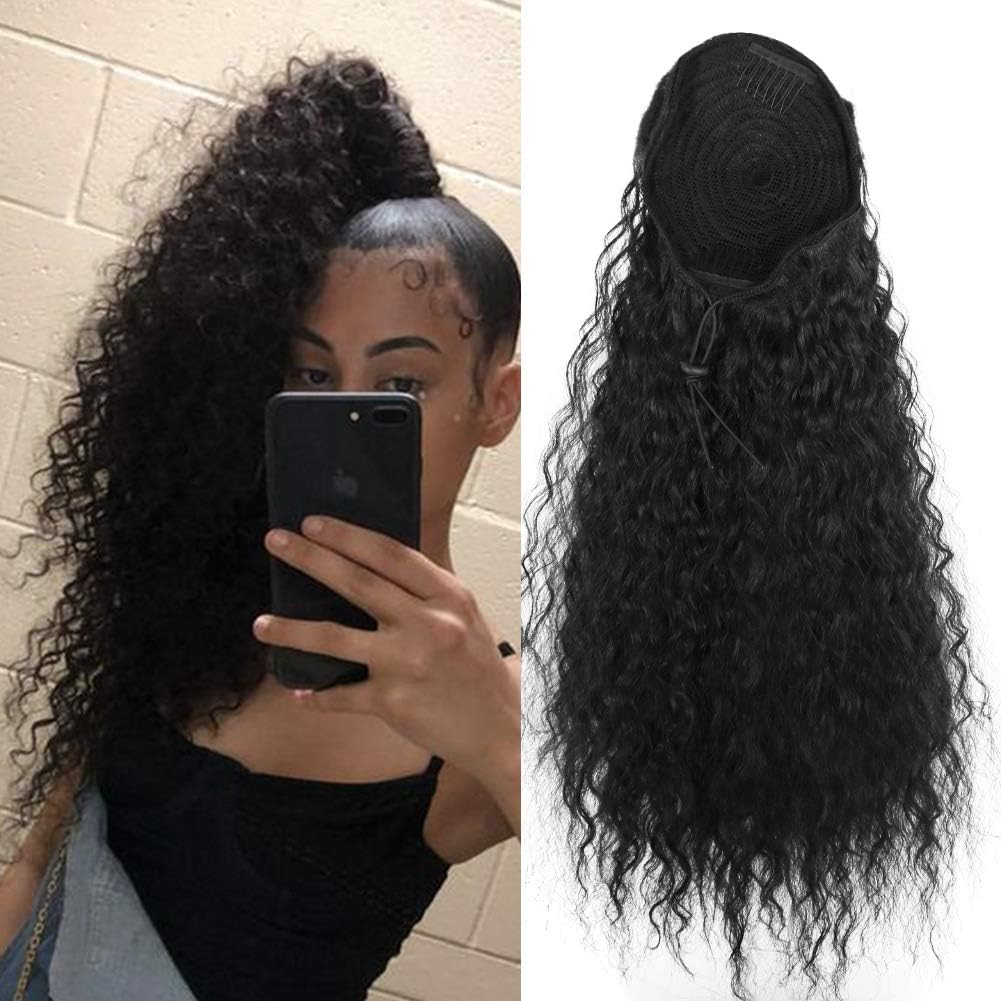Deyngs Long Drawstring Ponytail Extension Heat Resistant Synthetic Afro Corn Wave Wrap Around Ponytail And Kinky Curly Wave Hair Extensions (1B#)