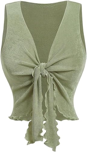 SHENHE Camiseta corta ajustada con nudo frontal y cuello en V profundo para mujer, estilo coqueta, Y2K, sexy