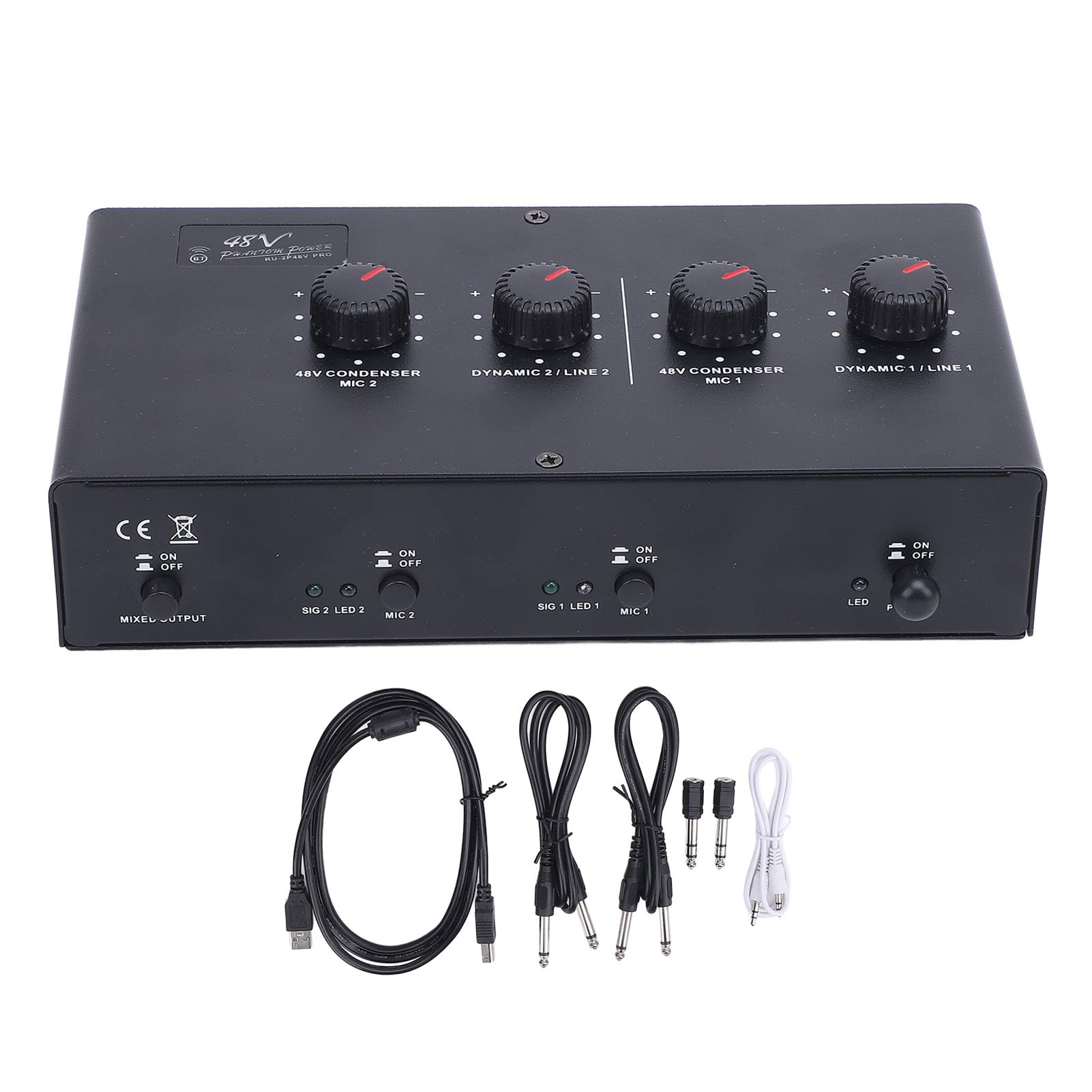 Amplificatore Microfono 48 V Phantom Alimentatore Phantom Supput 2 Canale Uscita di Ingresso Perdita di Amplificazione Senza Perdita Compatibilità Bt Accompagnamento Studio Pro Audio Preamp Live