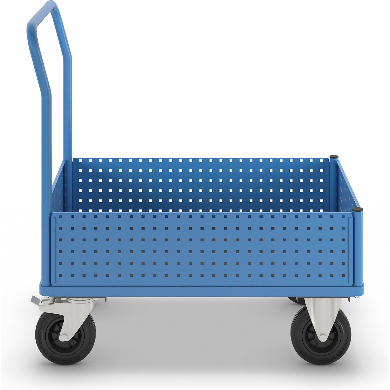 eurokraft pro | Plattformwagen | Mit 4 halbhohen Lochblechwänden, LxB 1050 x 700 mm, Vollgummi