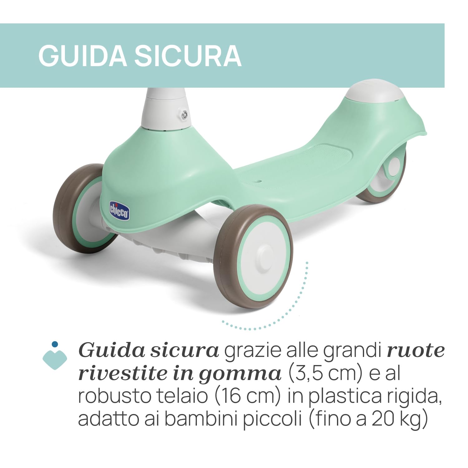 Chicco Monopattino Evolutivo 2 in 1, Cavalcabile da 1 Anno, Monopattino dai 2 Anni, Portata Max 20 kg, Manubrio Sterzante e Ruote Gommate, Leggero e Facile da Trasportare, Cavalcabile per Bambini