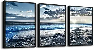 Black Framed Canvas Wall Art For Living Room Wall Decor For Bedroom Blue Beach Seascape Wall Pictures Ocean Landscape Paintings Artwork Office Decor Poster Prints Home Decoration 3 Piece Framed Art