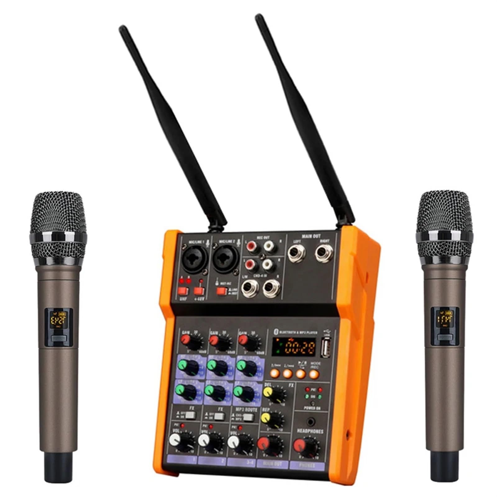 Console mixer audio a 4 canali Woopker con microfono wireless Mixing Ingresso USB Mixer DJ Principianti e professionisti(Orange Set)