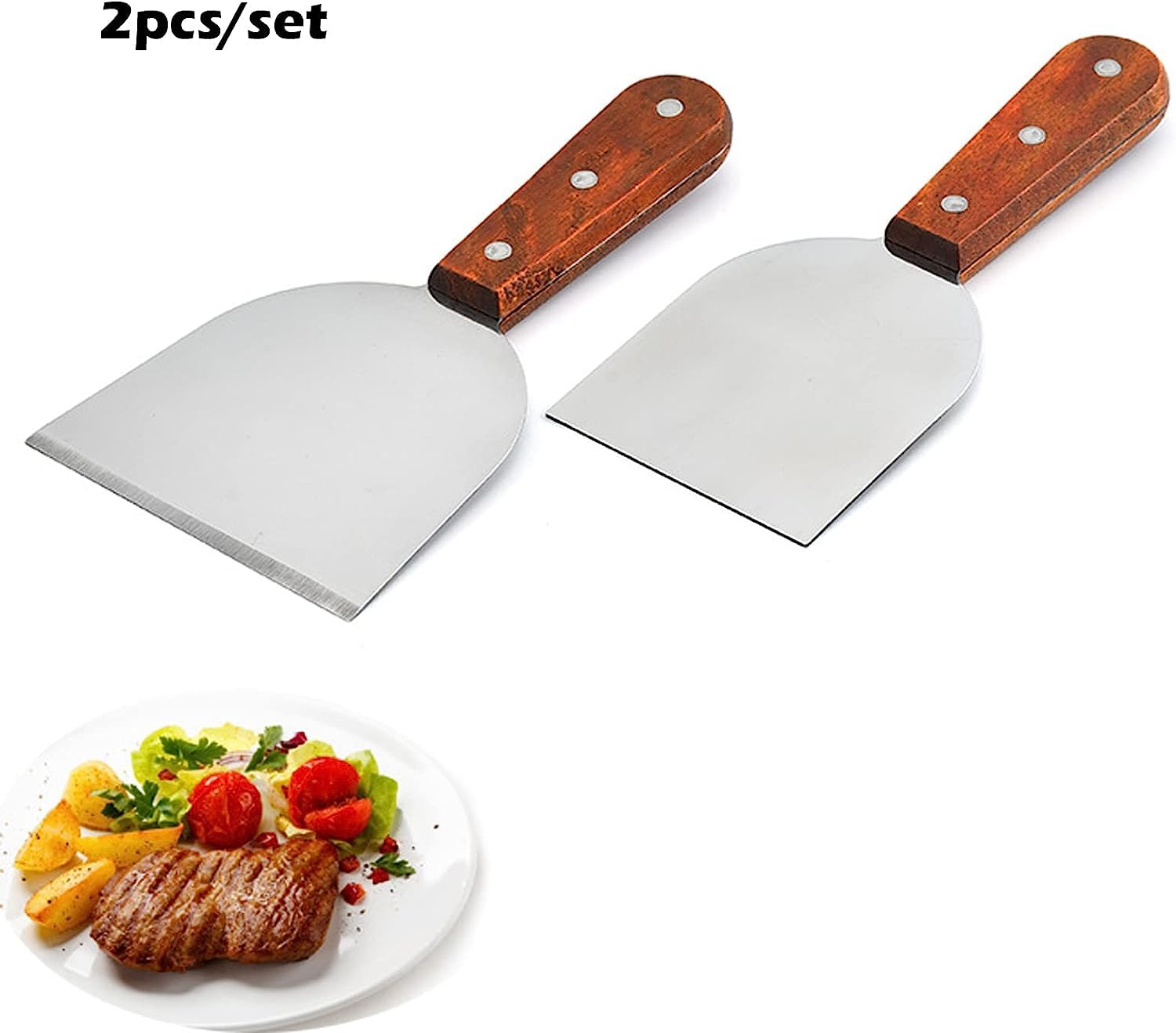 Set di 2 spatole per hamburger, in acciaio inox, spatola con manici in legno, spatola plancha, raschietto professionale, spatola per barbecue teppanyaki, bistecche, pizza