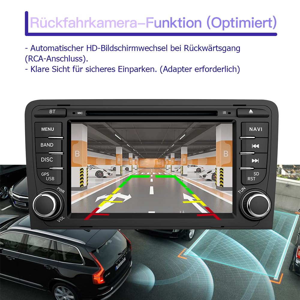 Junsun 2-DIN Autoradio für Audi A3/S3/RS3 2003–2012, 7 Zoll Touchscreen mit CD/DVD-Laufwerk, Lenkradsteuerung, MirrorLink, USB, Bluetooth, FM/AM Radio