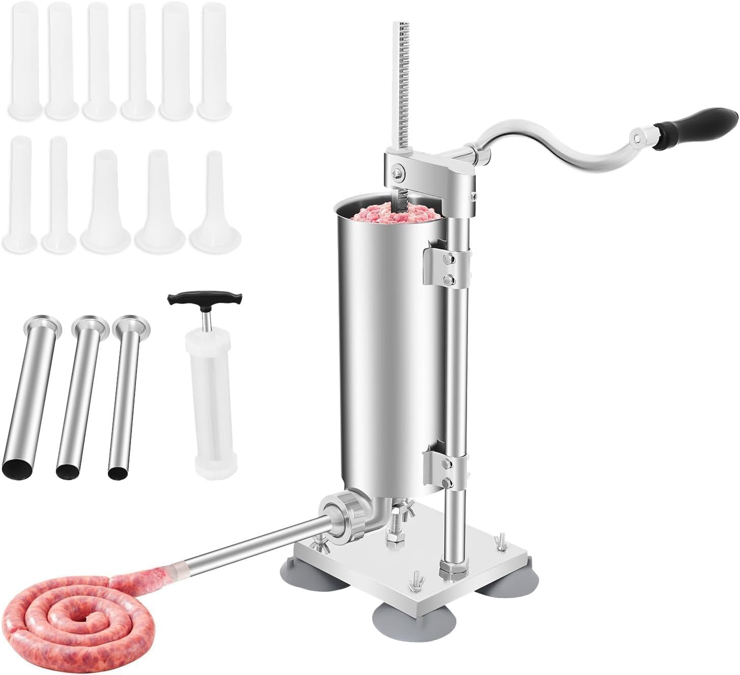 Manual Sausage Stuffer, 6Lbs Stainless Steel Homemade Sausage Maker Vertical Meat Filling with 6 Stuffing Tubes 28/22/19/16/15/25mm and Suction Cup Base