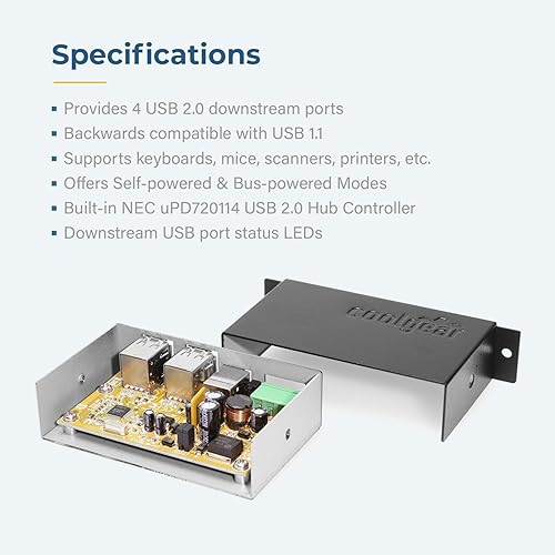 Miniatura 4 de Coolgear Hub USB 2.0 industrial alimentado por 4 puertos con LED de estado de puerto, carcasa de metal, entrada de 7-24 VCC, montaje en pared y riel